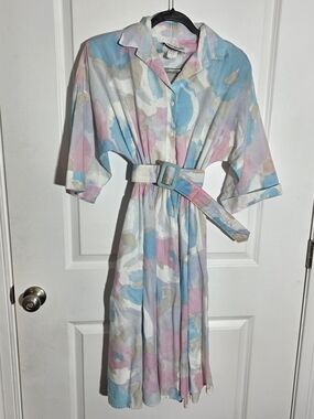 Pastel Watercolor Midi Shirt Dress with Belt
